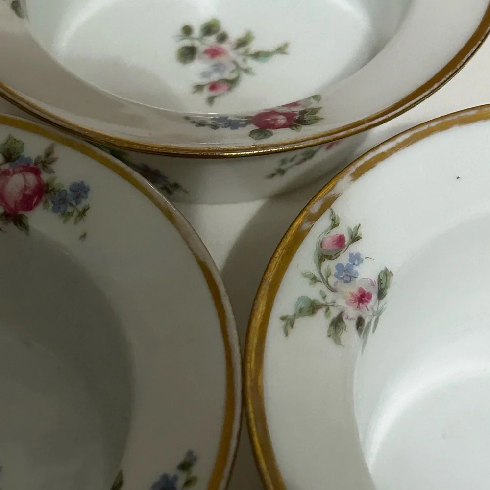 GDA Limoges Ramekin Bowls with Pink Rose Design and Gold Rim France